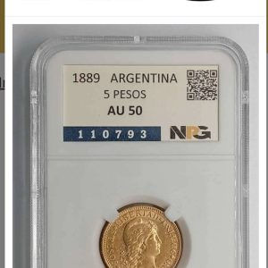 Argentina - 1889 - 5 Pesos - km#31 - Oro 0.900, 8.06g, ø 22.12mm - Certificado NPG - Keydate - La fecha más escasa