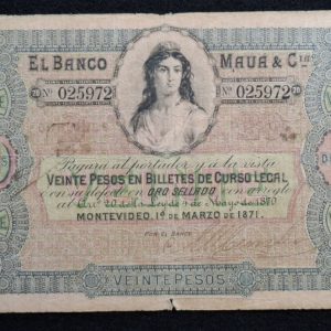Uruguay - 20 Pesos - El Banco Mauá & Cía. - Firma de Cunha - Resello posterior - Num. 025972 ##