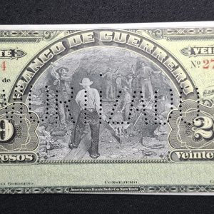 México - 1914 - BANCO DE GUERRERO - 20 Pesos - UNC - Troquelado : AMORTIZADO