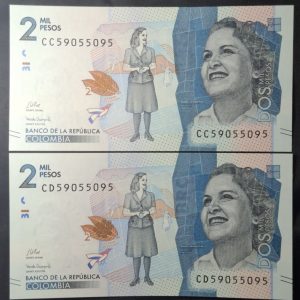Colombia - 2022 - 2000 Pesos x 2 - 2 Billetes de igual numeración + capicúa - Raro - Unc