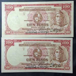 Uruguay - 1967 - 100 Pesos x 2 - C.R.# 3D.1.1.1 - 2 Correlativos -  XF