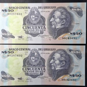 Uruguay - 1989 - 50 Nuevos Pesos x 2 - C.R.# 21GR - Reposición x 2 consecutivos - Unc