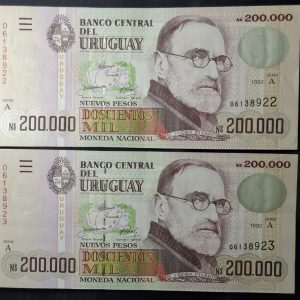Uruguay - 1992 - 200000 Nuevos Pesos - C.R.# 35A - 2 Billetes correlativos - AU