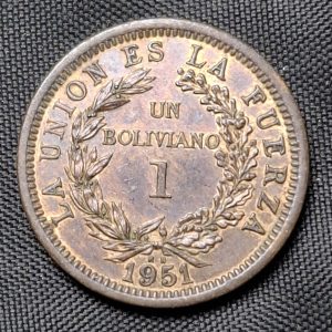 Bolivia - 1951 - 1 Boliviano - Km#184 - Cobre - Unc