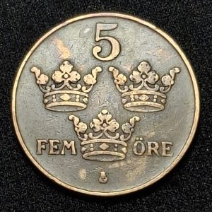 Suecia – 1922 – 5 Ore – Bronce – VF