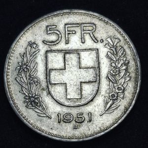 Suiza - 1951 - 5 Francos - Km# 40 - Plata - VF
