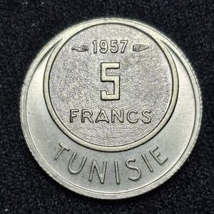 Túnez - 1957 - 5 Francos - Km# 277 - Níquel - Unc