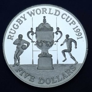 Nueva Zelanda - 1991 - 5 Dolares - KM#80a - Copa del Mundo de Rugby de 1991 - Plata - Proof