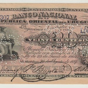 Uruguay - 1887 - 20 centesimos - Banco Nacional - Serie L - L084307 - Rescate Perforacion 25.8.96 - UNC
