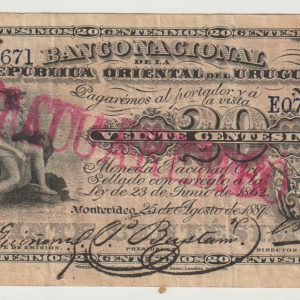 Uruguay - 1887 - 20 centesimos - Banco Nacional - Resello TACUAREMBO - Serie L - E075671 - F+