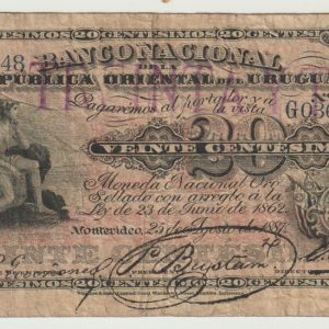 Uruguay - 1887 - 20 centesimos - Banco Nacional - Resello TREINTE Y TRES - Serie L - G036348 - F+