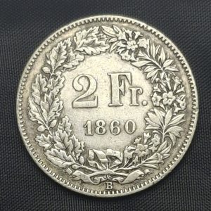Suiza - 1860 - 2 Francos - km# 10a - Plata - vf - Escasa